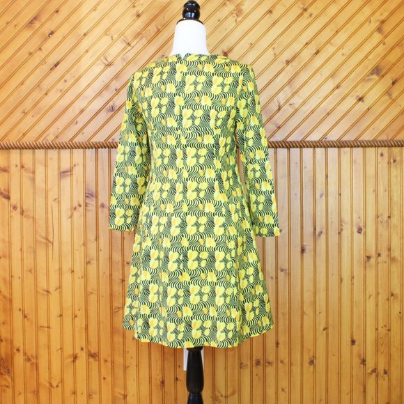 Vintage Minet Midi Dress 1960 Mod Style Long Sleeve Small Yellow Black Bees D167 - Picture 4 of 8